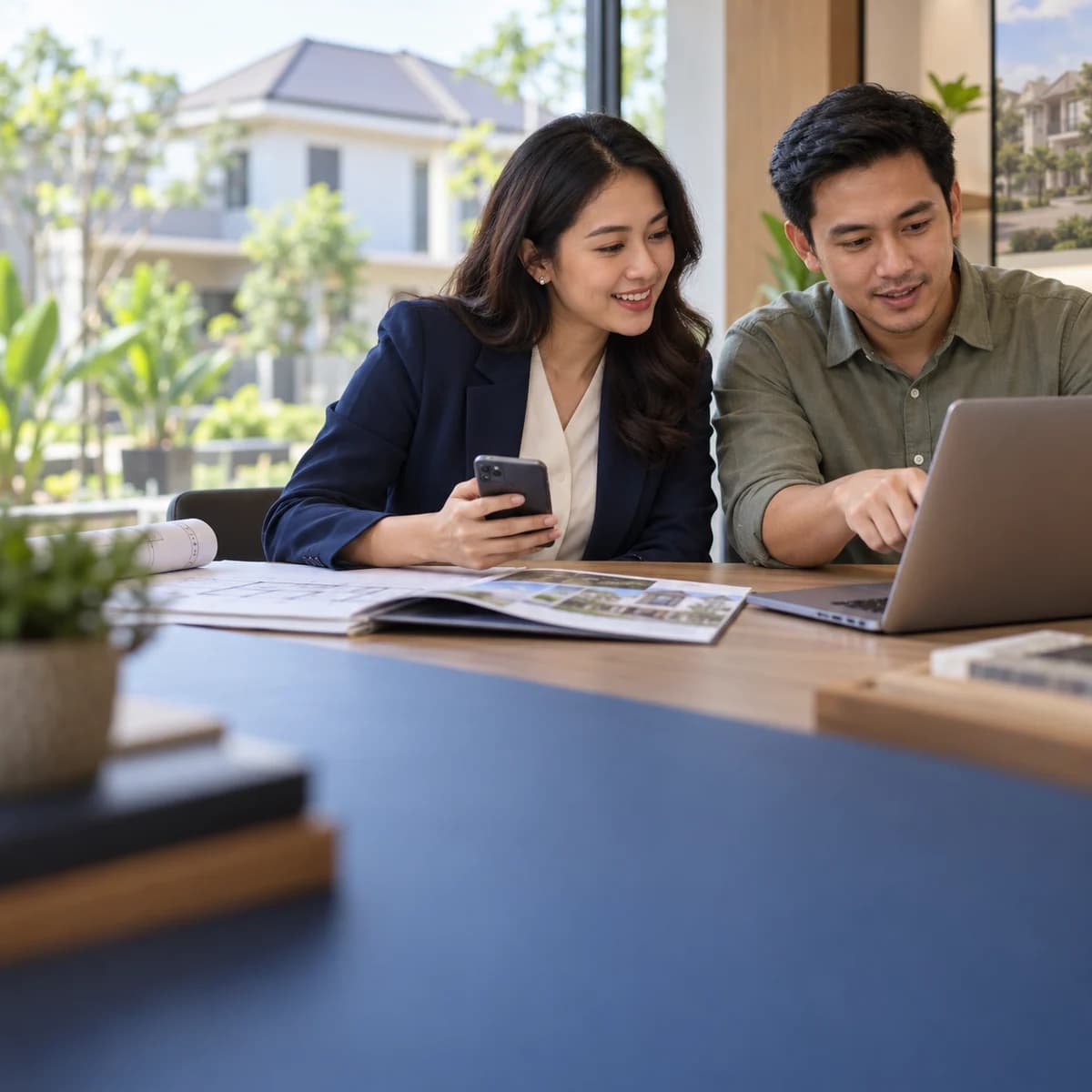 Illustrative scene of an Indonesian property sales team reviewing a buyer inquiry and planning the next step