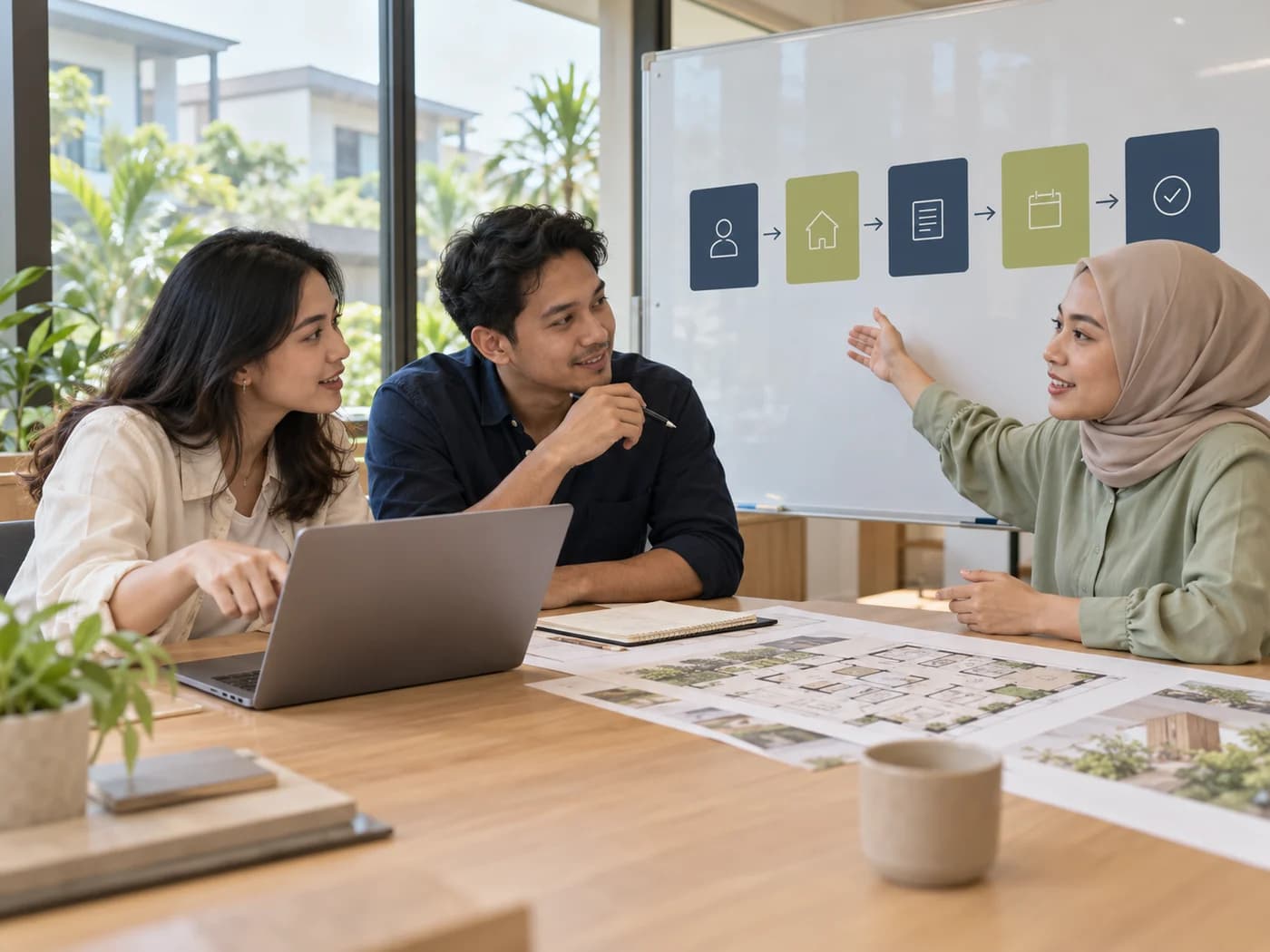 Illustrative scene of Indonesian product and property professionals mapping the homebuyer journey together