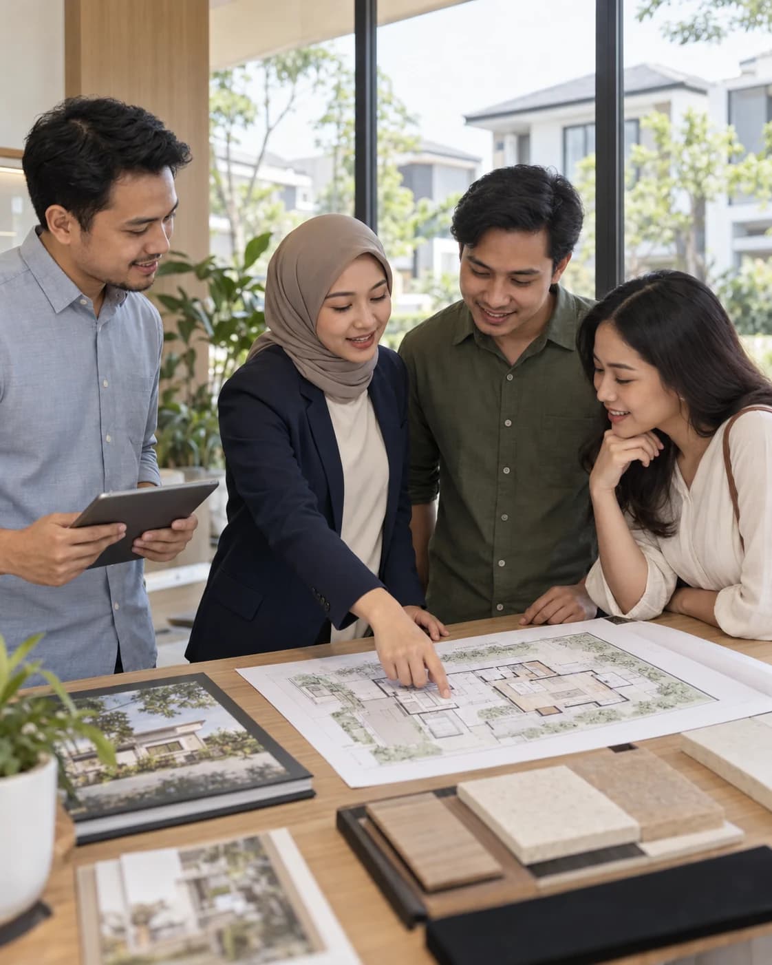 Illustrative scene of an Indonesian property sales team discussing a residential floor plan with prospective homebuyers